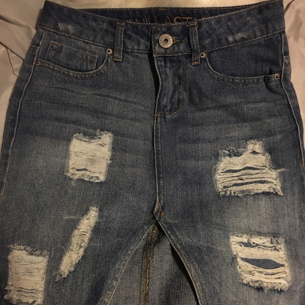 high-waisted jean skirt with rips